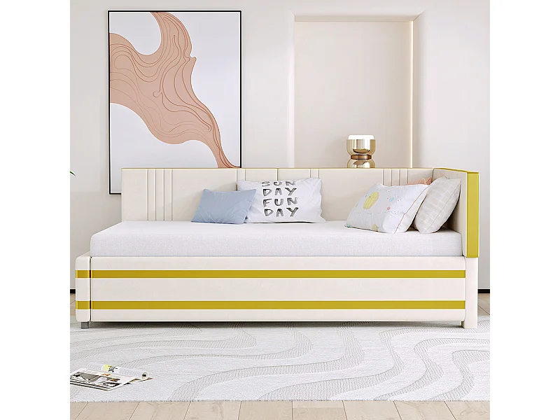 Cadre de lit 90x200 Lit multifonctionnel avec sommier à lattes Tissu velours Beige