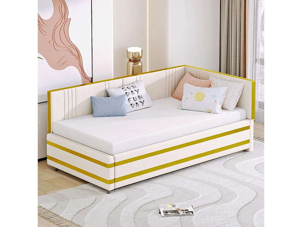 Cadre de lit 90x200 Lit multifonctionnel avec sommier à lattes Tissu velours Beige