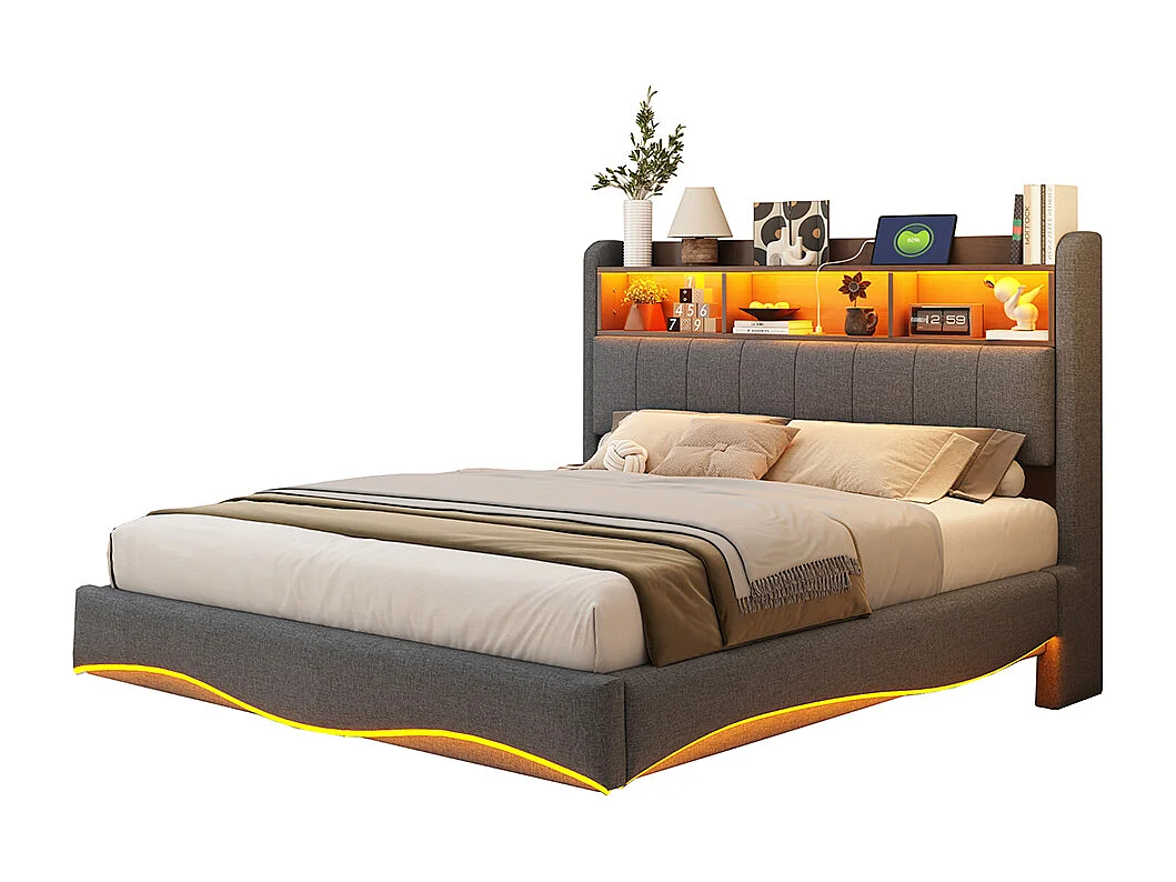 Cadre de lit suspendu 140x200 lit de rangement multifonctionnel avec LED interface USB et TYPE-C Gris