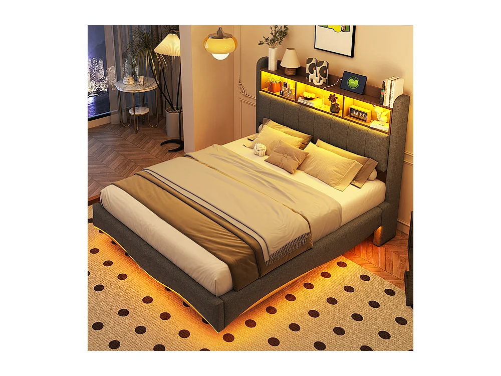 Cadre de lit suspendu 140x200 lit de rangement multifonctionnel avec LED interface USB et TYPE-C Gris