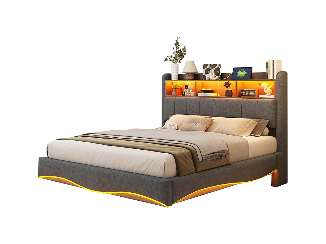 Cadre de lit suspendu 140x200 lit de rangement multifonctionnel avec LED interface USB et TYPE-C Gris