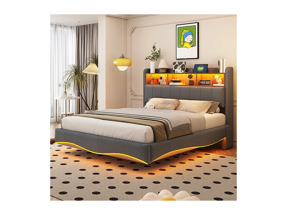 Cadre de lit suspendu 140x200 lit de rangement multifonctionnel avec LED interface USB et TYPE-C Gris