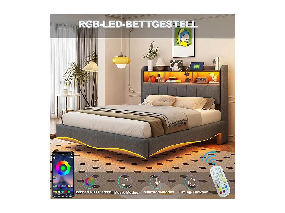 Cadre de lit suspendu 140x200 lit de rangement multifonctionnel avec LED interface USB et TYPE-C Gris