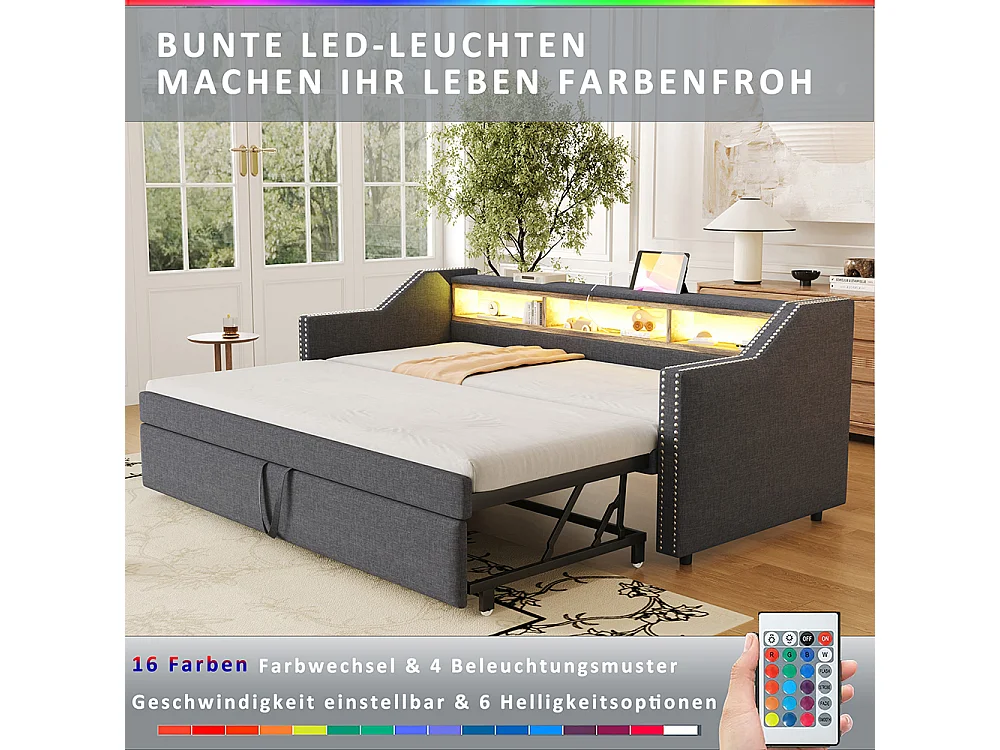 Cadre de lit Lit extensible 90/180x190 Rangement multifonctionnel LED et prise USB Gris foncé