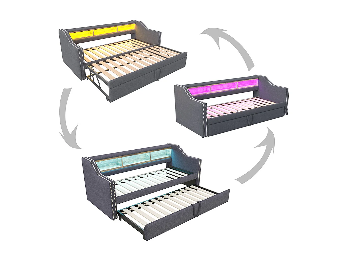 Cadre de lit Lit extensible 90/180x190 Rangement multifonctionnel LED et prise USB Gris foncé