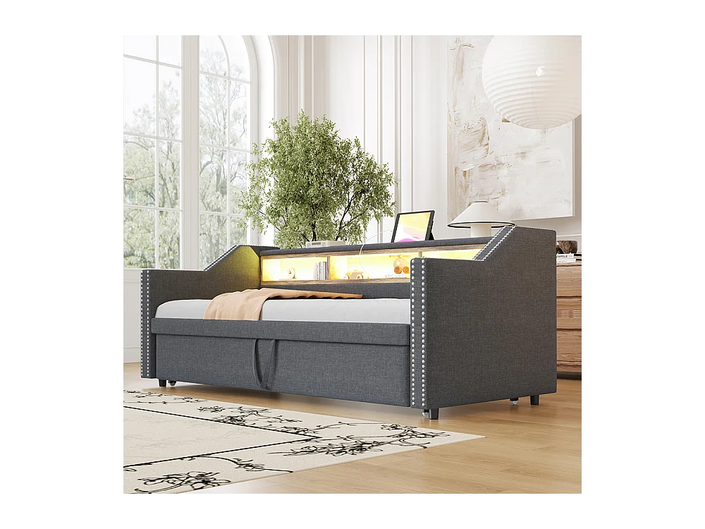 Cadre de lit Lit extensible 90/180x190 Rangement multifonctionnel LED et prise USB Gris foncé