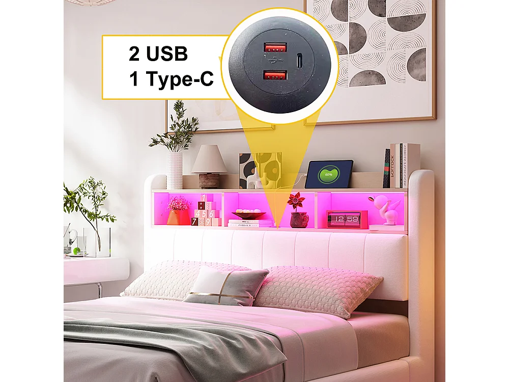 Cadre de lit suspendu 140x200 lit de rangement multifonctionnel avec LED interface USB et TYPE-C Beige