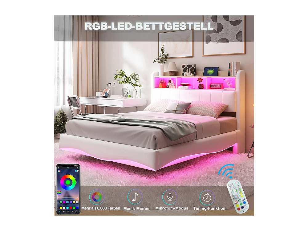 Cadre de lit suspendu 140x200 lit de rangement multifonctionnel avec LED interface USB et TYPE-C Beige