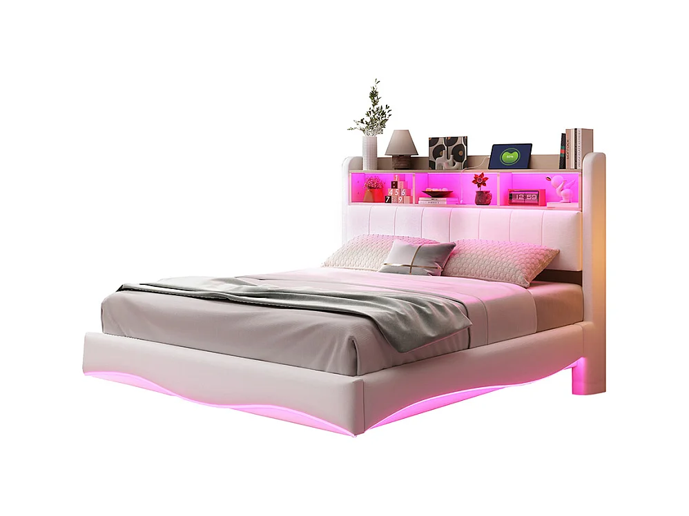 Cadre de lit suspendu 140x200 lit de rangement multifonctionnel avec LED interface USB et TYPE-C Beige