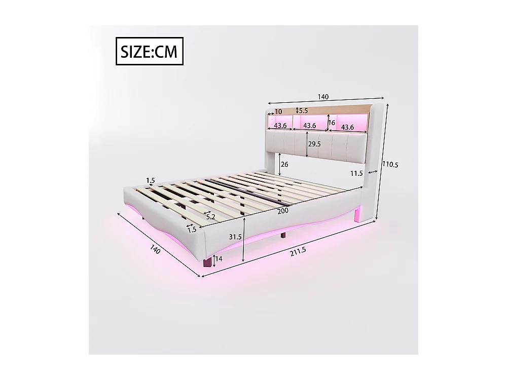 Cadre de lit suspendu 140x200 lit de rangement multifonctionnel avec LED interface USB et TYPE-C Beige
