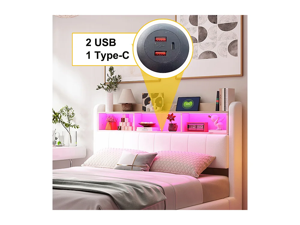 Cadre de lit suspendu 140x200 lit de rangement multifonctionnel avec LED interface USB et TYPE-C Beige