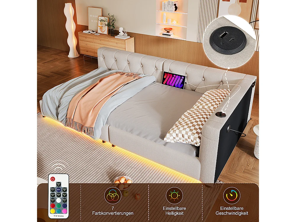 Cadre de lit 90x200 éclairage d'ambiance avec télécommande tête de lit capitonnée USB+Type-C Lin Beige