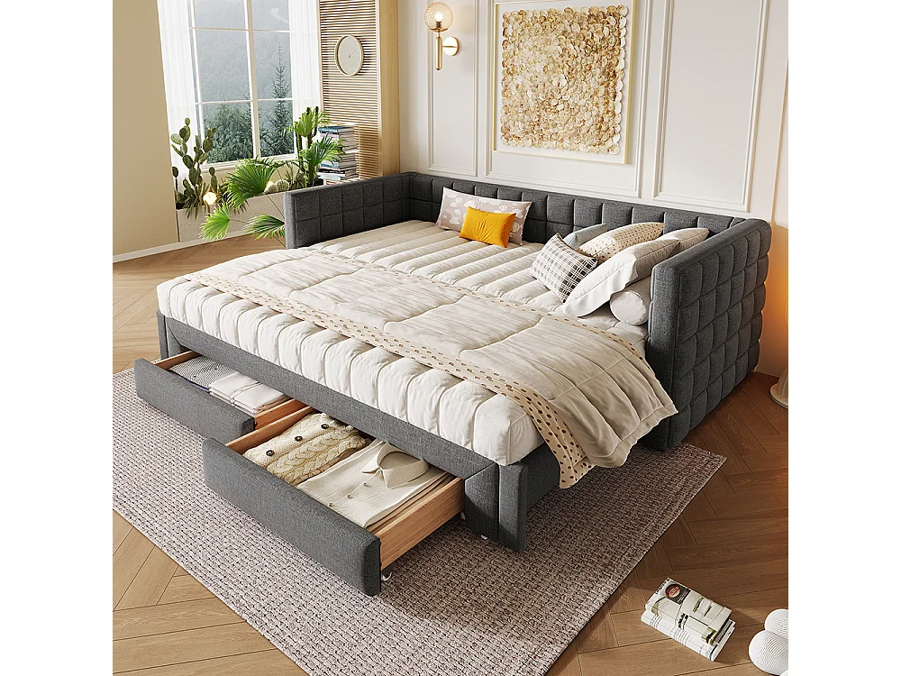 Cadre de lit Lit avec tiroir 90x200 avec dossier carré lit extensible (extensible jusqu'à 180 cm) 2 tiroirs sans matelas Gris
