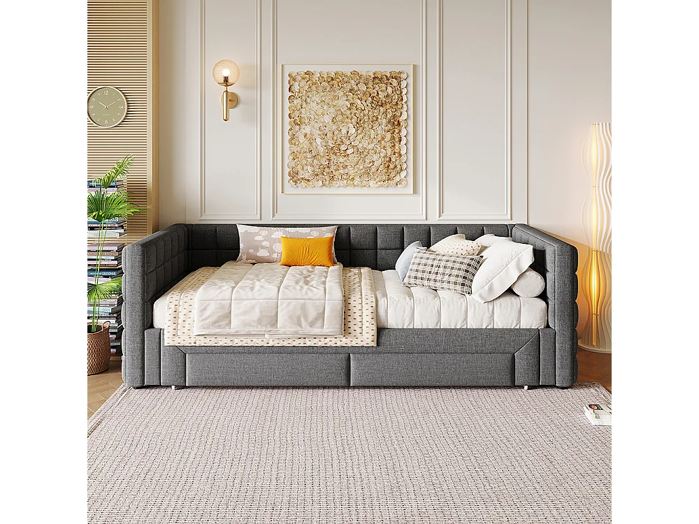 Cadre de lit Lit avec tiroir 90x200 avec dossier carré lit extensible (extensible jusqu'à 180 cm) 2 tiroirs sans matelas Gris