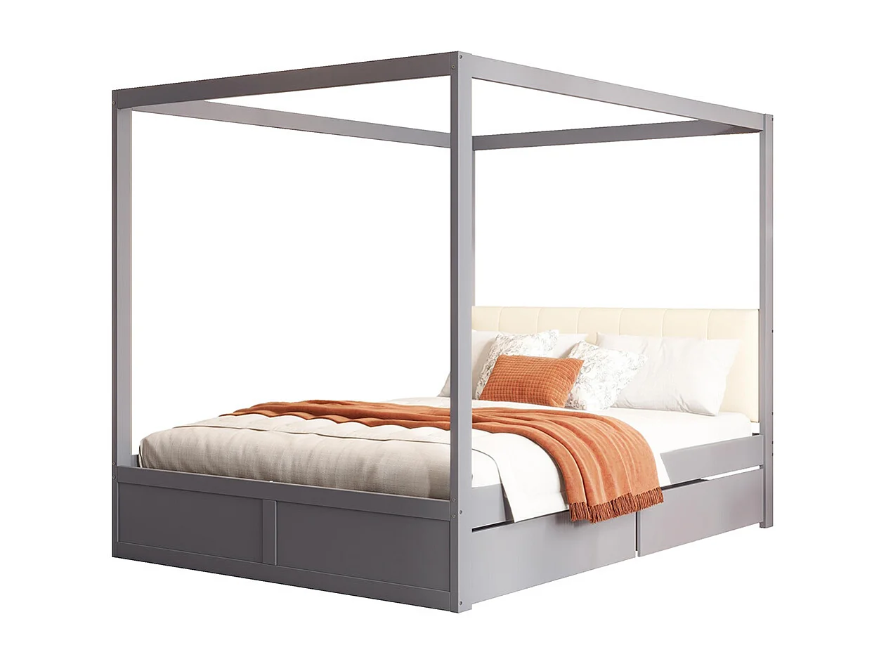 Lit à baldaquin Lit avec tiroir lit à baldaquin 140x200 avec grands tiroirs et dossier moelleux bois Lit Gris