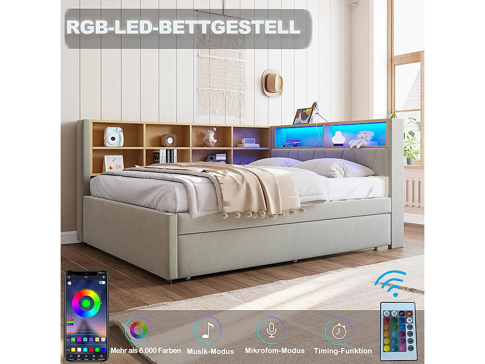 Lit gigogne 140x200 et 90x190 avec prise USB et nombreux compartiments de rangement lit rembourré multifonction Gris clair