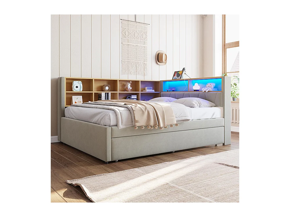 Lit gigogne 140x200 et 90x190 avec prise USB et nombreux compartiments de rangement lit rembourré multifonction Gris clair