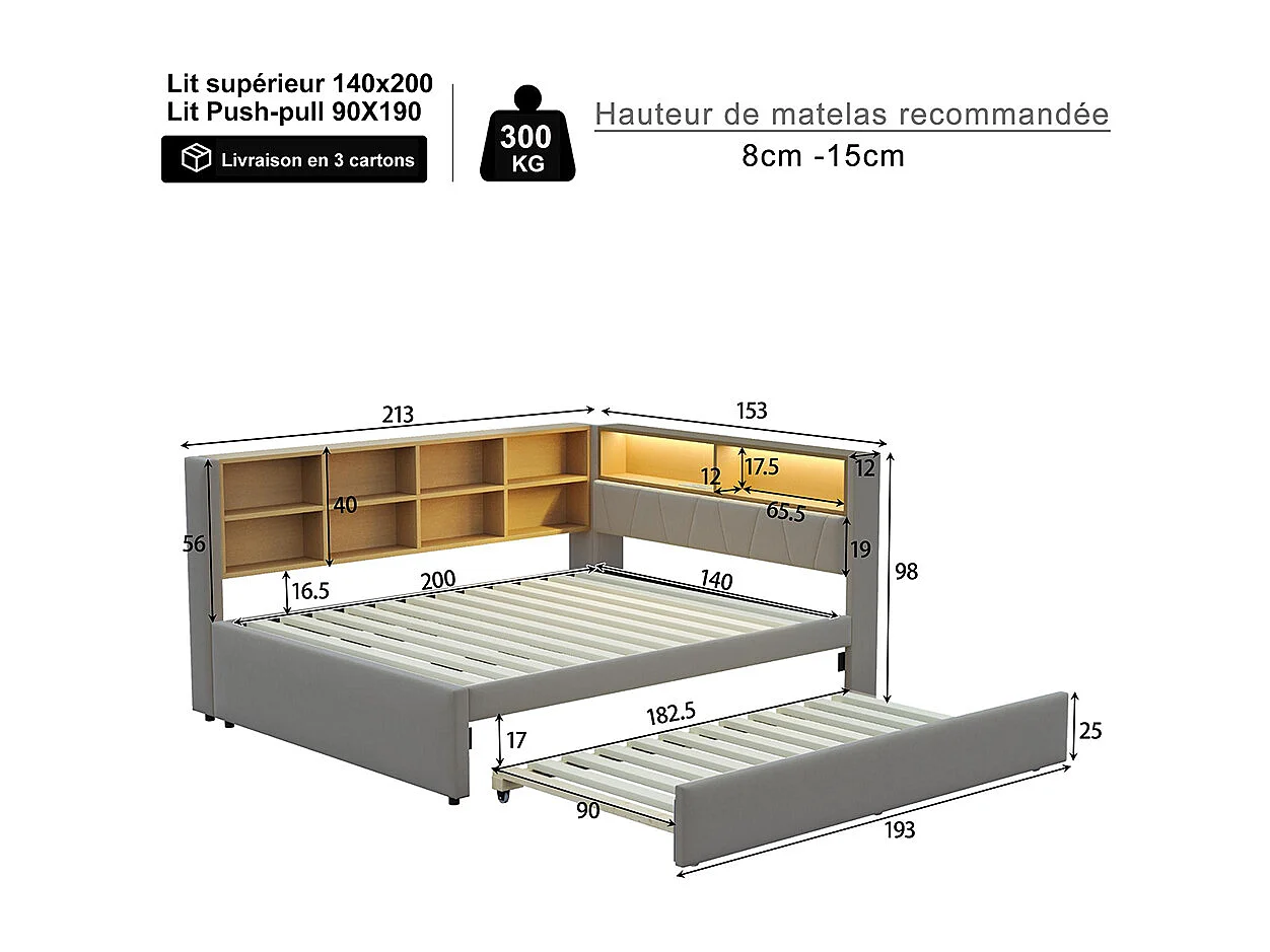 Lit gigogne 140x200 et 90x190 avec prise USB et nombreux compartiments de rangement lit rembourré multifonction Gris clair