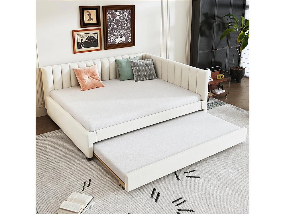 Lit gigogne 140x200 lit multifonction avec sommier à lattes lits pour adolescents lits pour enfants tissu Velours Beige