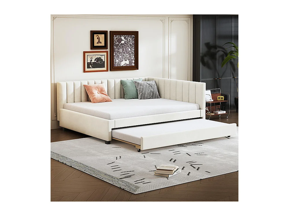 Lit gigogne 140x200 lit multifonction avec sommier à lattes lits pour adolescents lits pour enfants tissu Velours Beige