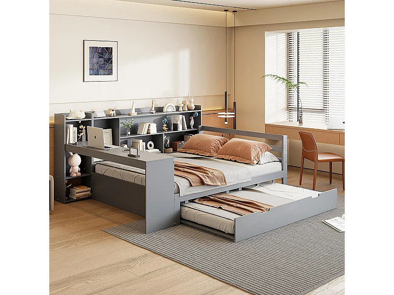 Lit gigogne 140x200 avec bureau étagères compartiments de rangement et étagères avec prises de courant lit double en bois Gris