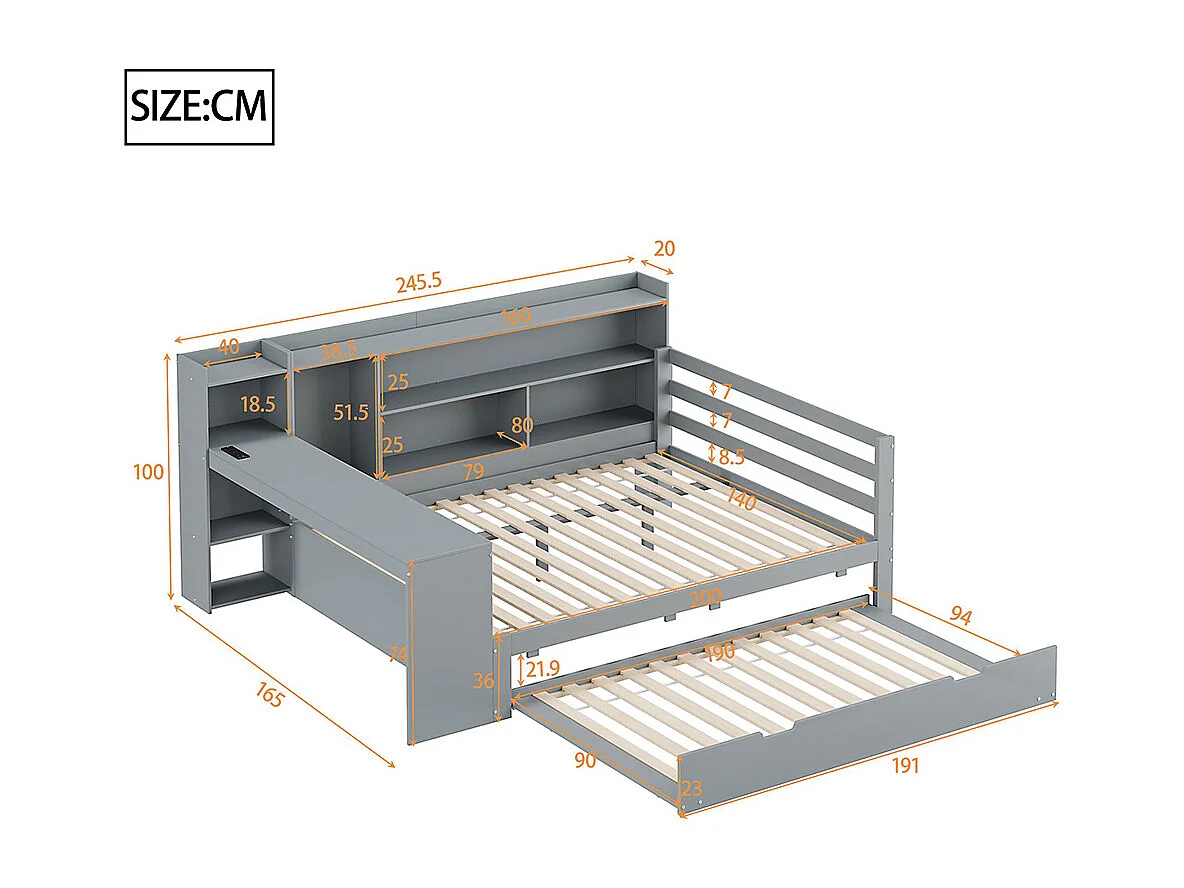 Lit gigogne 140x200 avec bureau étagères compartiments de rangement et étagères avec prises de courant lit double en bois Gris