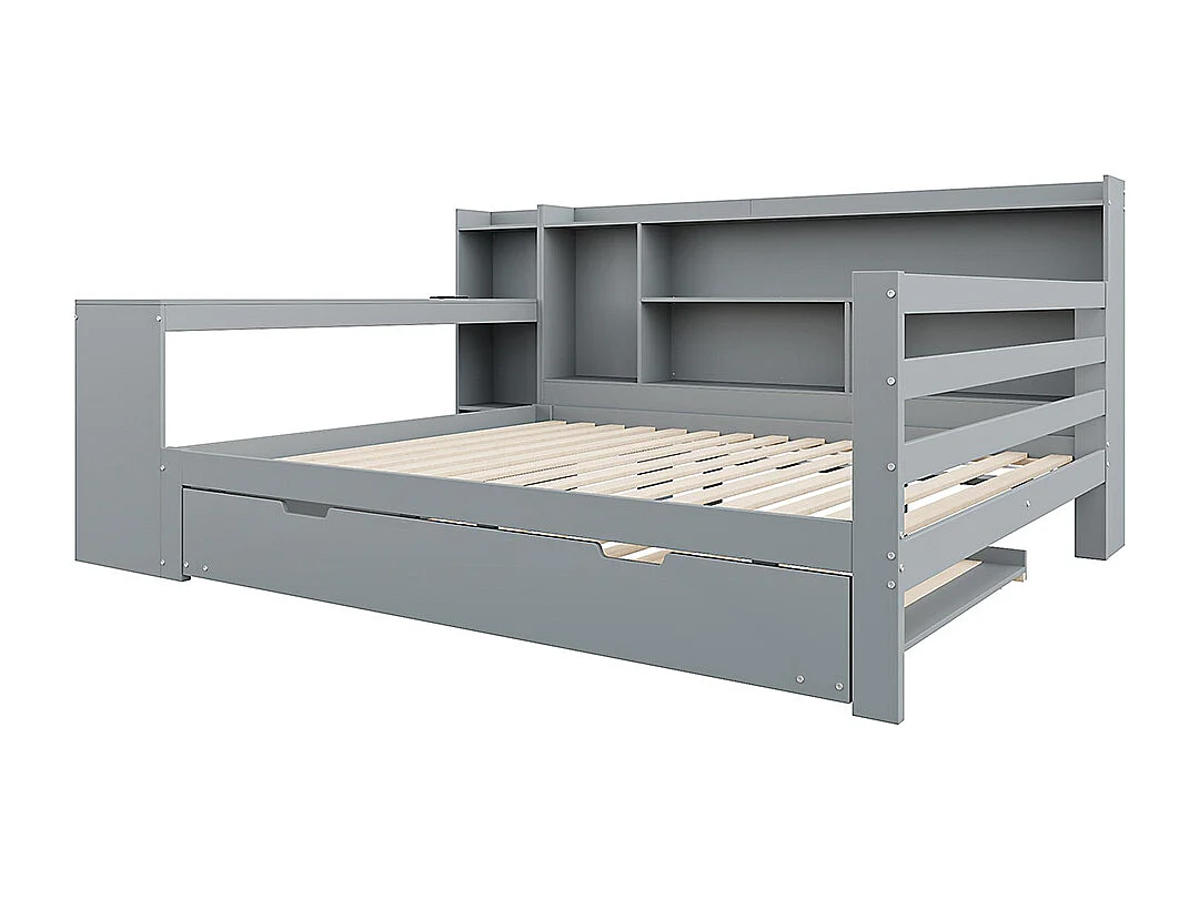 Lit gigogne 140x200 avec bureau étagères compartiments de rangement et étagères avec prises de courant lit double en bois Gris