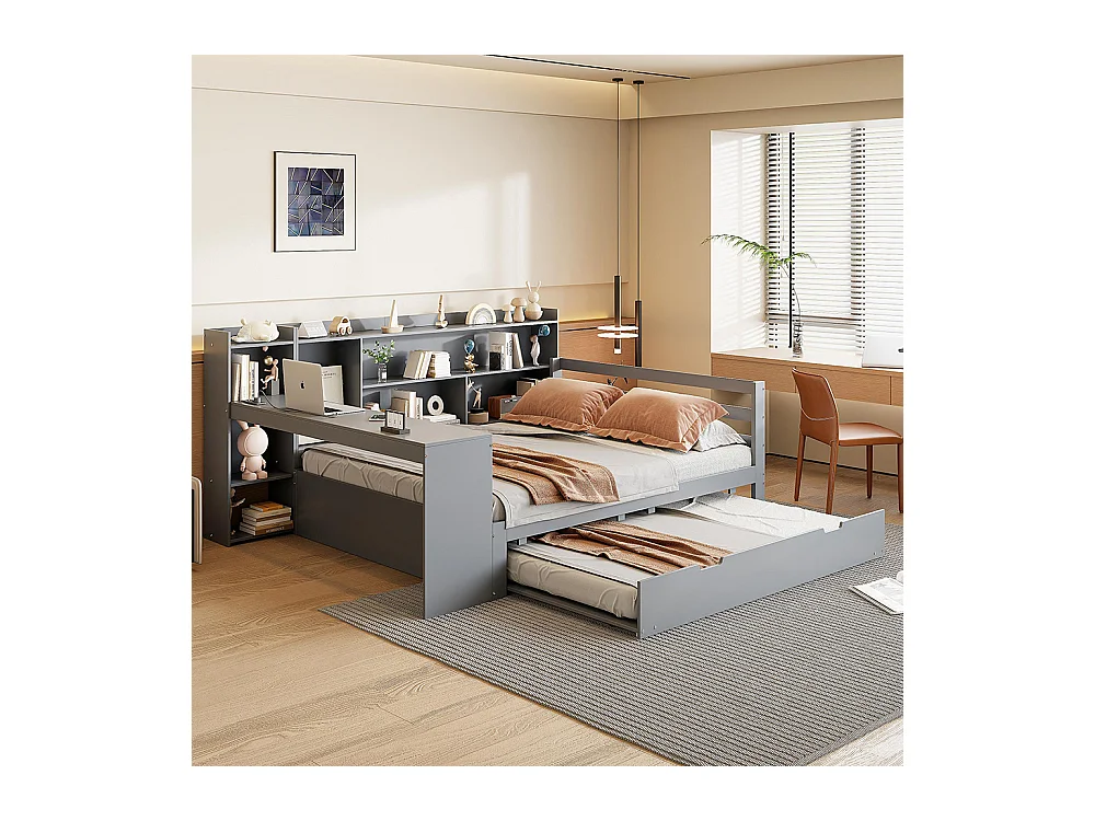 Lit gigogne 140x200 avec bureau étagères compartiments de rangement et étagères avec prises de courant lit double en bois Gris