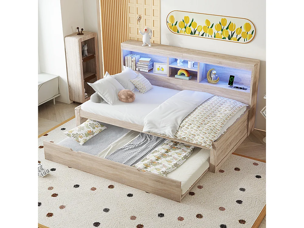 Lit gigogne 90x200 éclairage d'ambiance télécommandé compartiment de rangement côté lit prise+USB Naturel