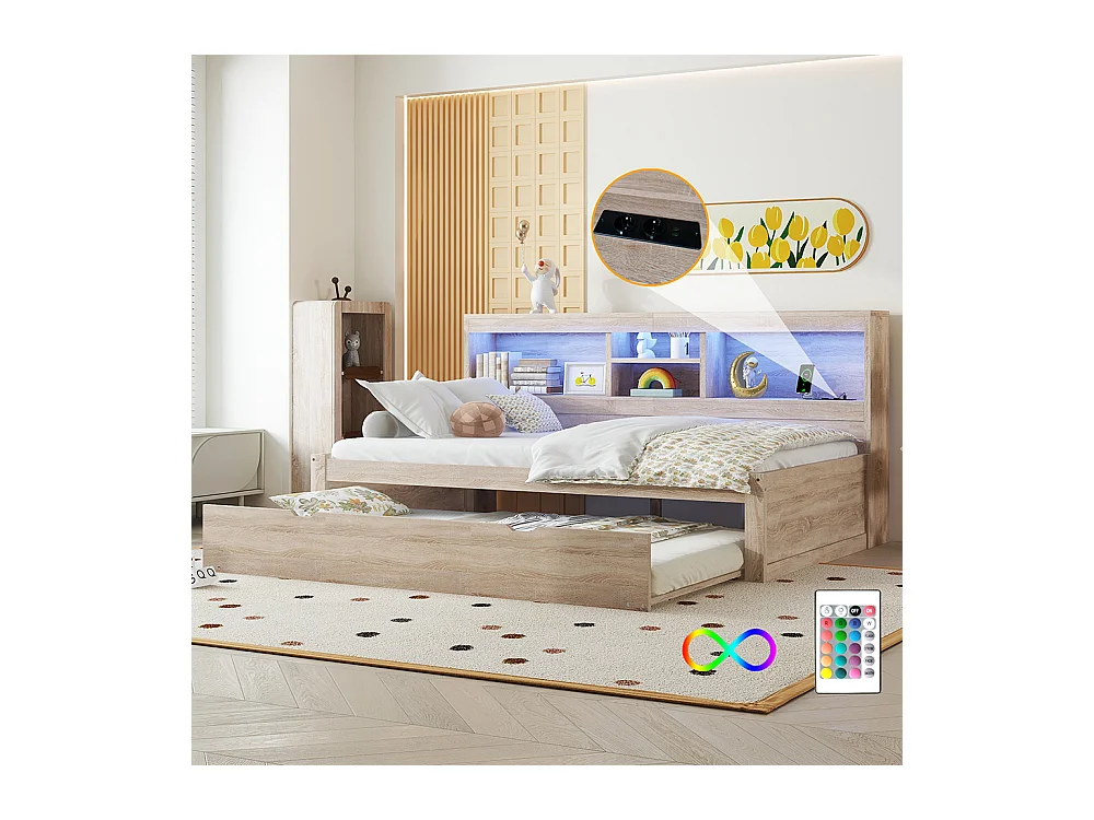 Lit gigogne 90x200 éclairage d'ambiance télécommandé compartiment de rangement côté lit prise+USB Naturel
