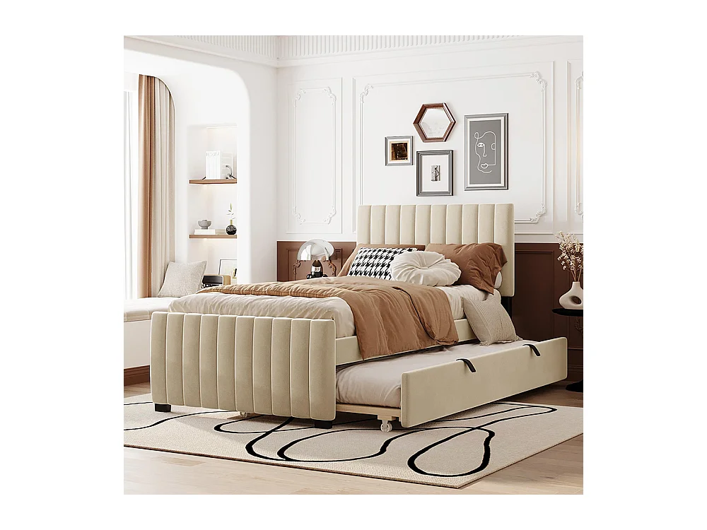 Lit gigogne 90x190 lit simple plat en velours doux pour la peau lit enfant Beige