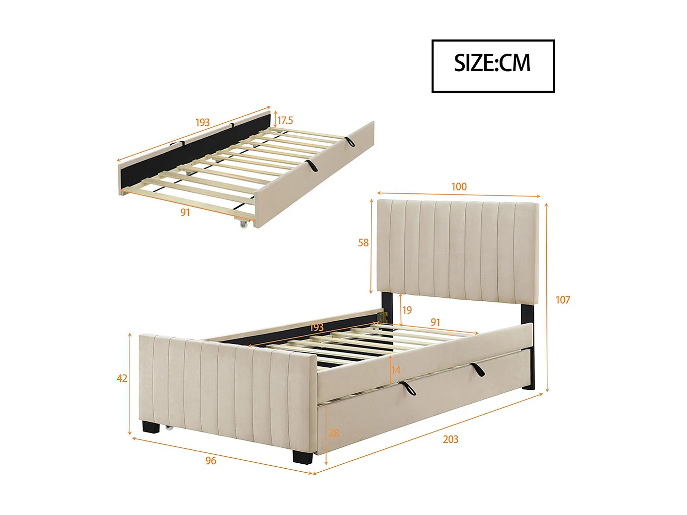 Lit gigogne 90x190 lit simple plat en velours doux pour la peau lit enfant Beige