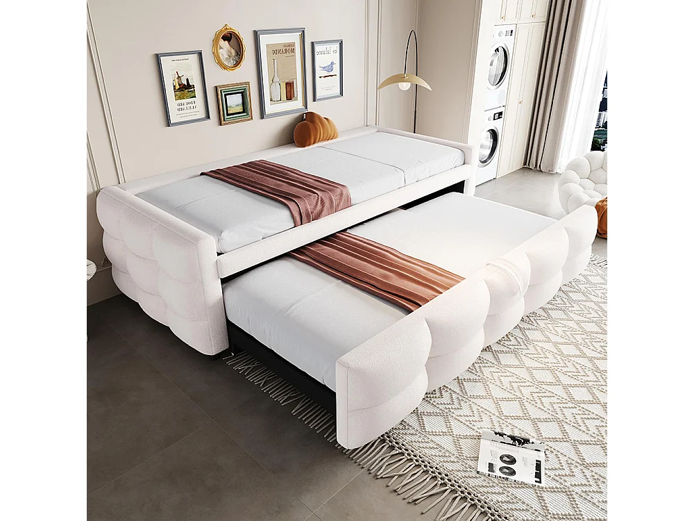 Lit gigogne 90/180x190 pouf tissu velours Teddy lit simple lit double avec sommier à lattes lit multifonction Beige