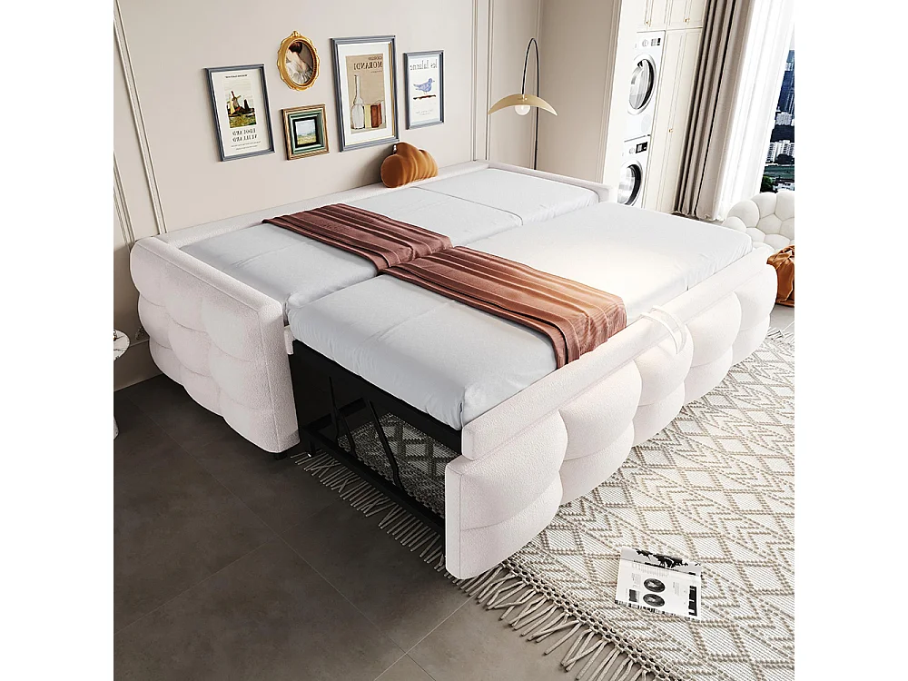 Lit gigogne 90/180x190 pouf tissu velours Teddy lit simple lit double avec sommier à lattes lit multifonction Beige