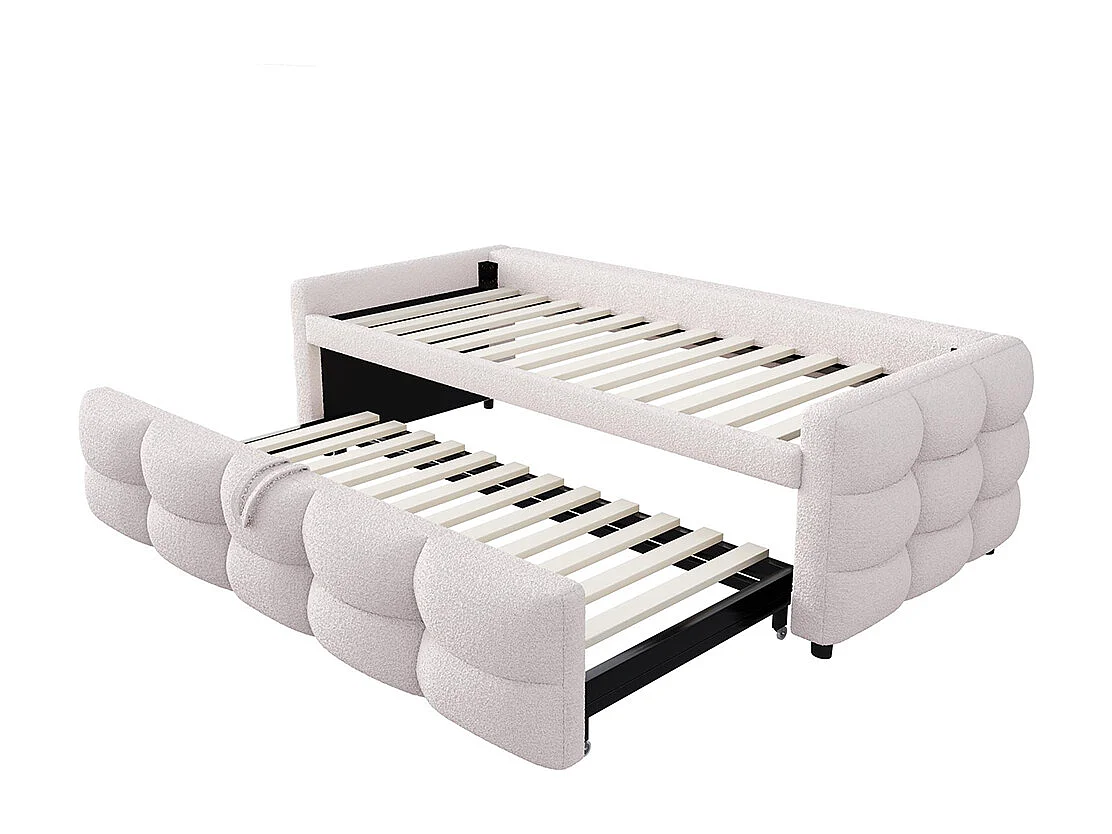 Lit gigogne 90/180x190 pouf tissu velours Teddy lit simple lit double avec sommier à lattes lit multifonction Beige