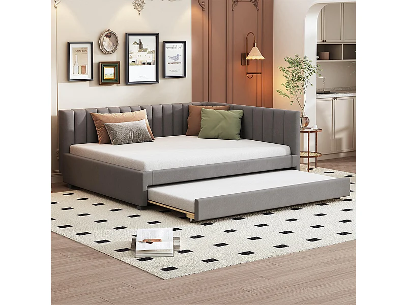 Lit gigogne 140x200 lit multifonction avec sommier à lattes lits pour adolescents lits pour enfants tissu Velours Gris