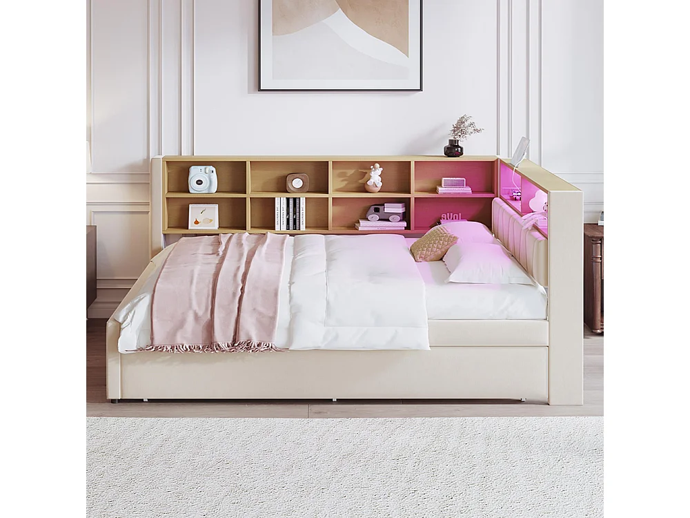 Lit gigogne 140x200 et 90x190 avec prise USB et nombreux compartiments de rangement lit rembourré multifonction lit simple Beige