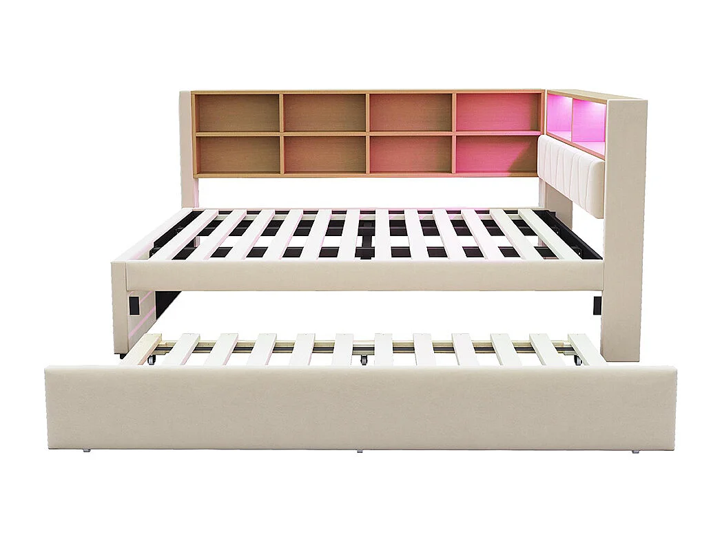 Lit gigogne 140x200 et 90x190 avec prise USB et nombreux compartiments de rangement lit rembourré multifonction lit simple Beige