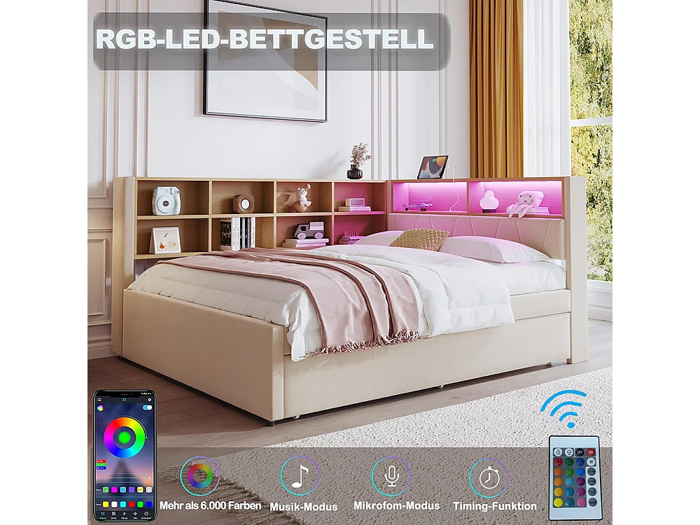 Lit gigogne 140x200 et 90x190 avec prise USB et nombreux compartiments de rangement lit rembourré multifonction lit simple Beige