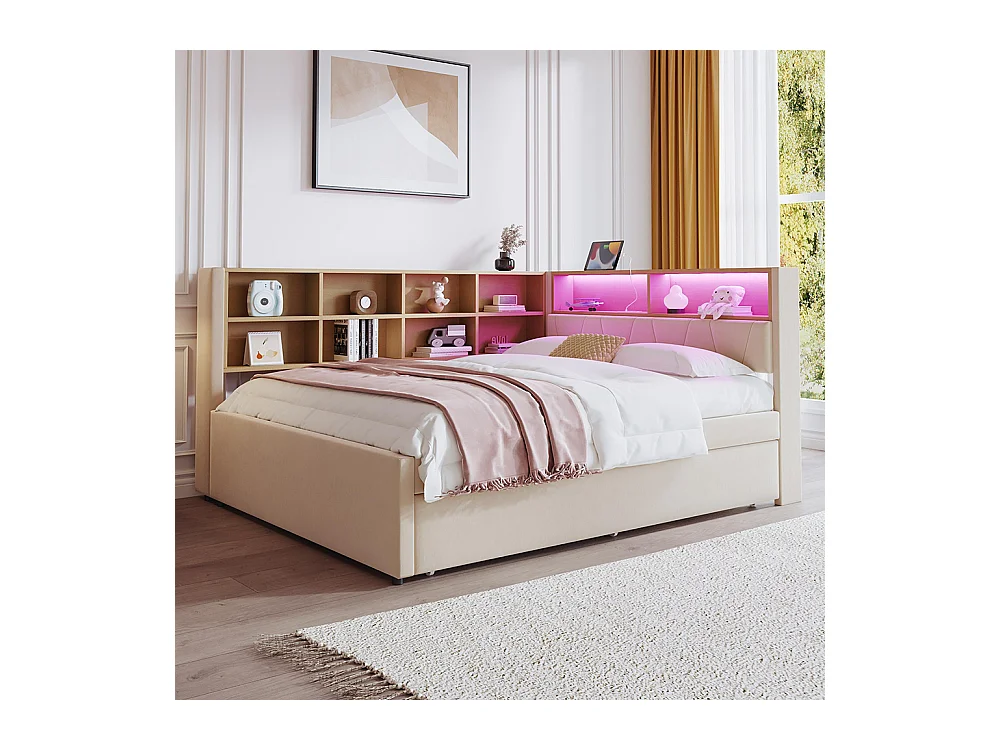 Lit gigogne 140x200 et 90x190 avec prise USB et nombreux compartiments de rangement lit rembourré multifonction lit simple Beige