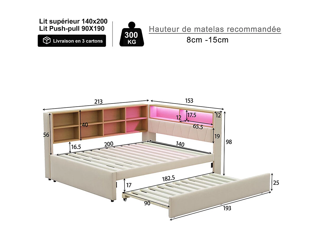 Lit gigogne 140x200 et 90x190 avec prise USB et nombreux compartiments de rangement lit rembourré multifonction lit simple Beige