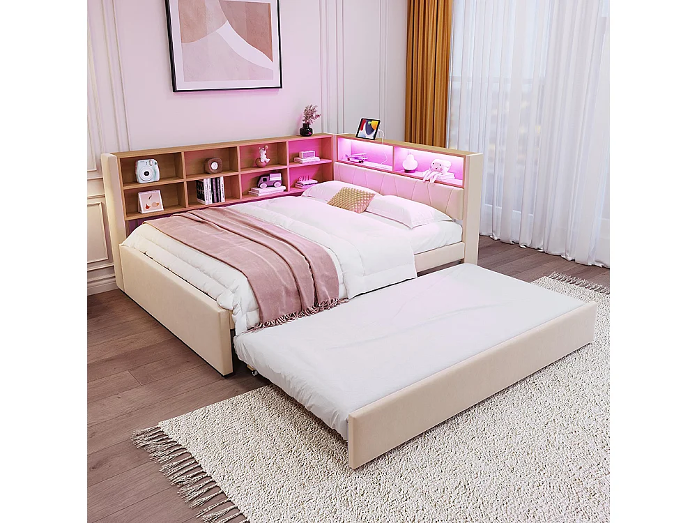 Lit gigogne 140x200 et 90x190 avec prise USB et nombreux compartiments de rangement lit rembourré multifonction lit simple Beige