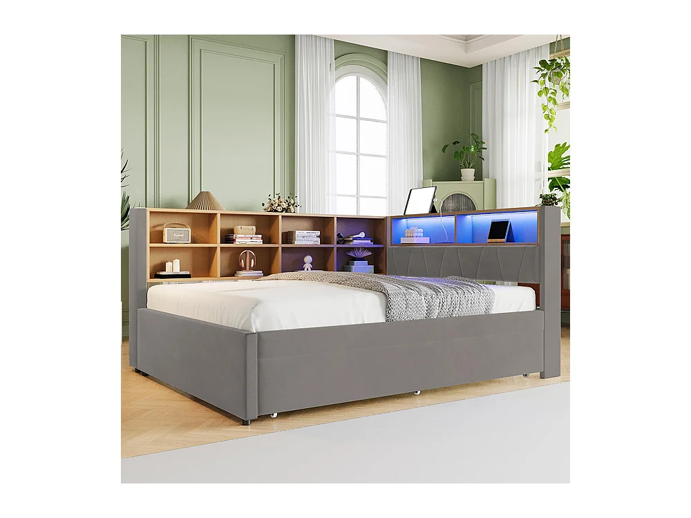 Lit gigogne 140x200 et 90x190 avec prise USB et nombreux compartiments de rangement lit rembourré multifonction Gris foncé