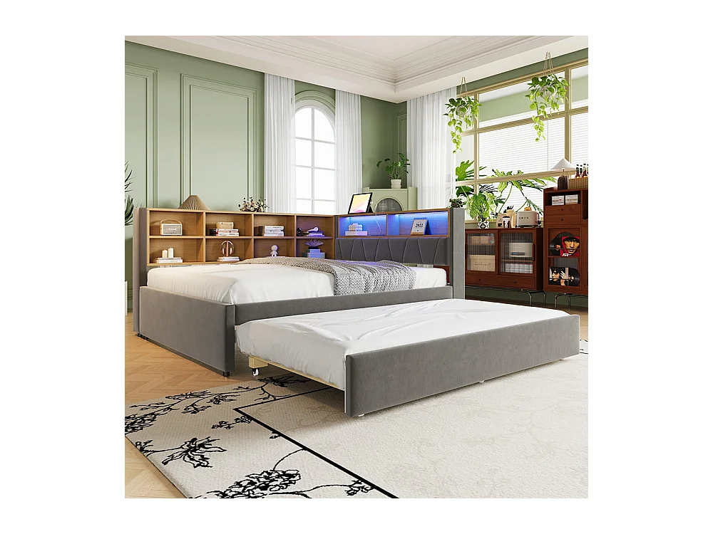 Lit gigogne 140x200 et 90x190 avec prise USB et nombreux compartiments de rangement lit rembourré multifonction Gris foncé