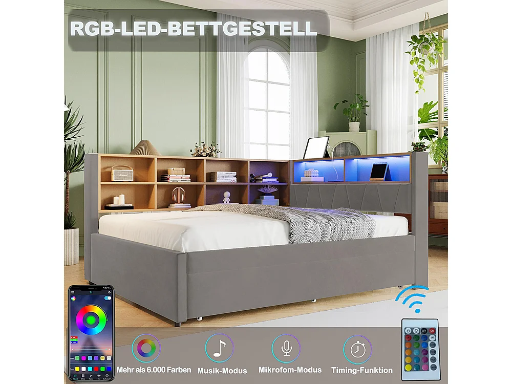 Lit gigogne 140x200 et 90x190 avec prise USB et nombreux compartiments de rangement lit rembourré multifonction Gris foncé