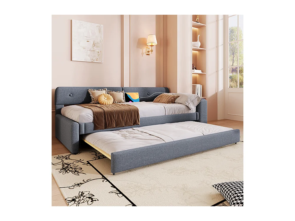 Lit gigogne 90x200 avec sommier à lattes (sans matelas) avec compartiment de rangement rabattable usb+type-c Lin Gris