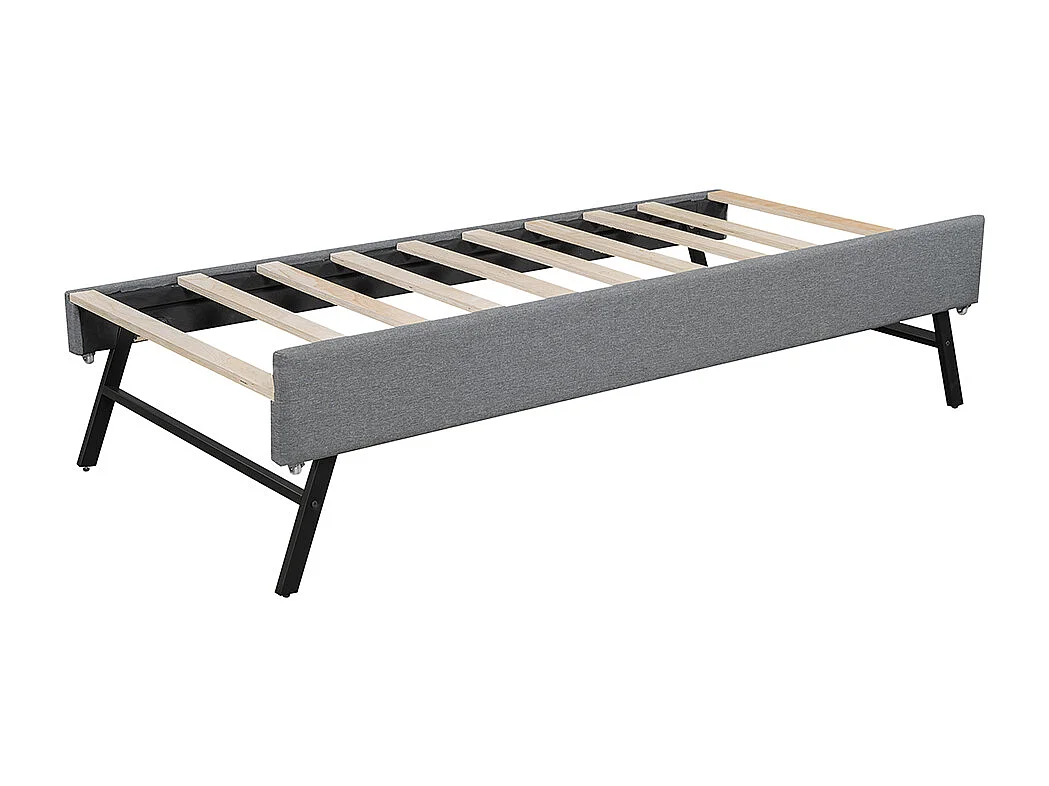 Lit gigogne 90x200 avec sommier à lattes (sans matelas) avec compartiment de rangement rabattable usb+type-c Lin Gris