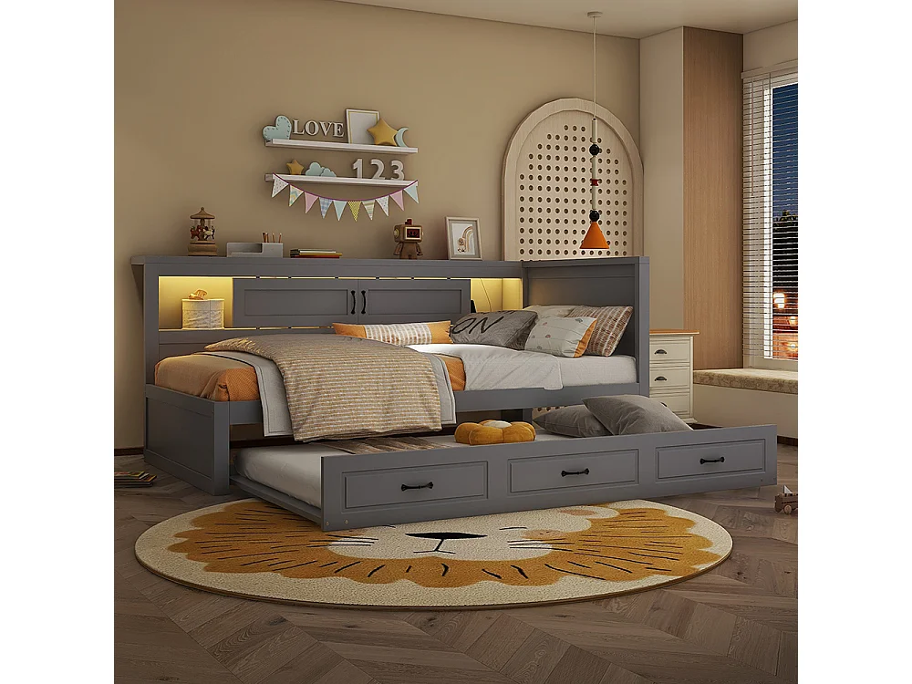Lit gigogne 90x200 éclairage d'ambiance télécommandé compartiment de rangement côté lit lit extensible prise + USB Gris