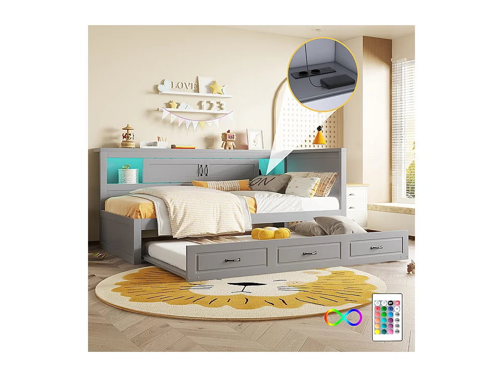 Lit gigogne 90x200 éclairage d'ambiance télécommandé compartiment de rangement côté lit lit extensible prise + USB Gris