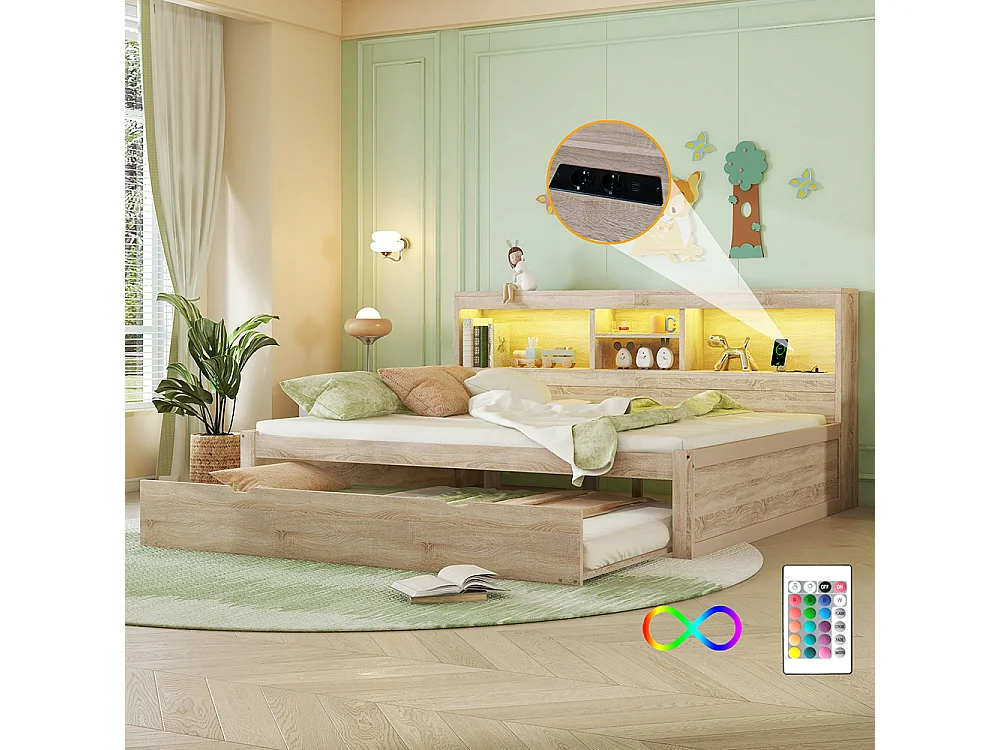 Lit gigogne 140x200 éclairage d'ambiance télécommandé compartiment de rangement côté lit prise+USB Naturel